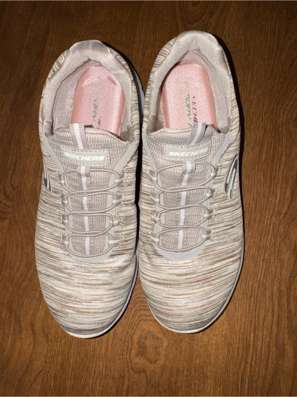 Skechers Women's Slip-On Athletic Sneakers in Beige and White Stripe
